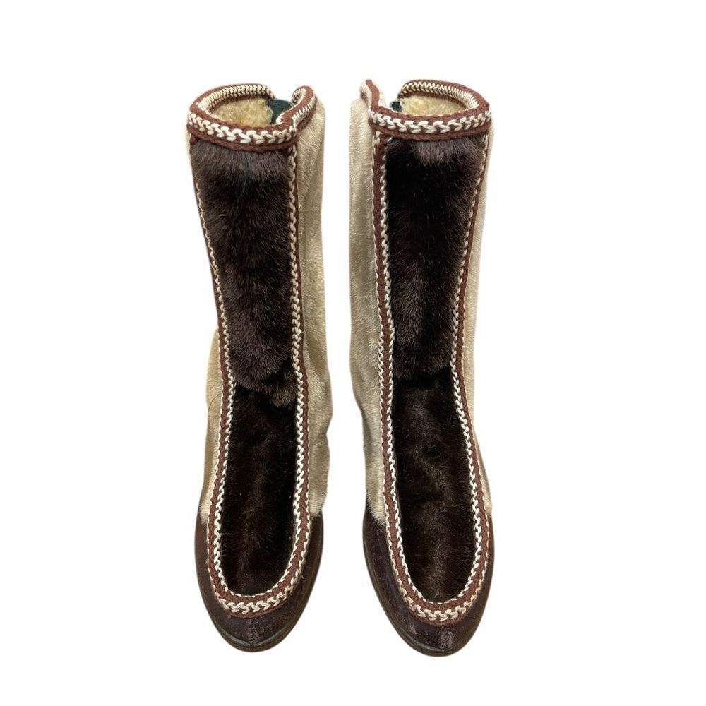 Vintage Snowland Sherpa Lined Brown Faux Fur Back Zipper Ski Boots 9 70s